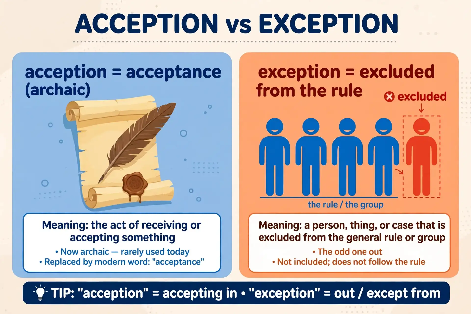 acception vs exception meanings contrast