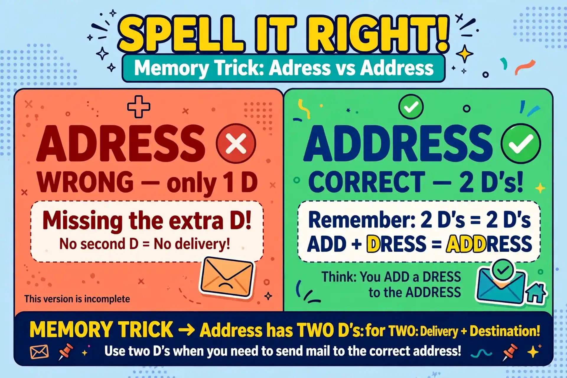 Memory trick for spelling address with double D and double S