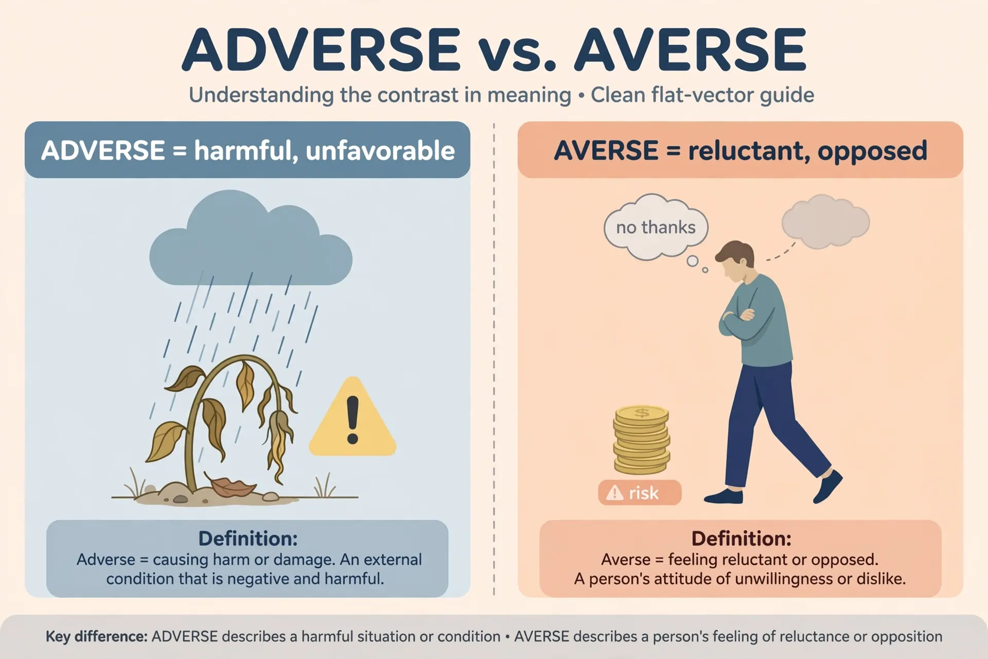 Adverse means harmful conditions like bad weather; averse means being reluctant or opposed, like avoiding risk