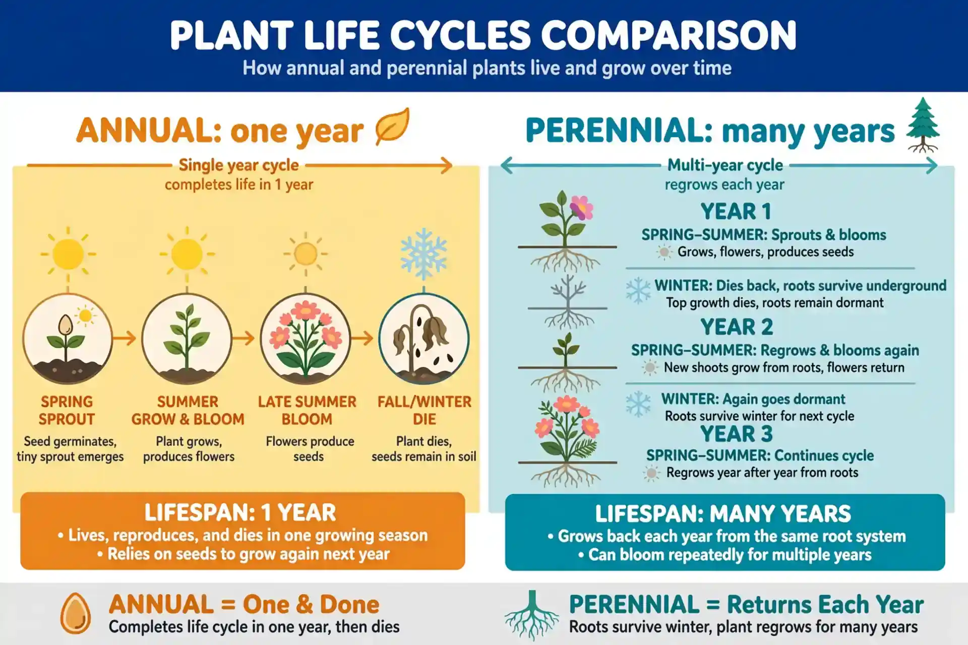 Annual and perennial plant life cycles compared