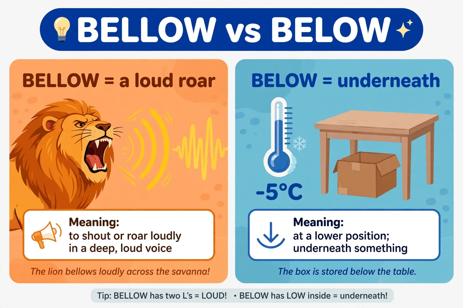 Bellow as a loud roar versus below as a lower position