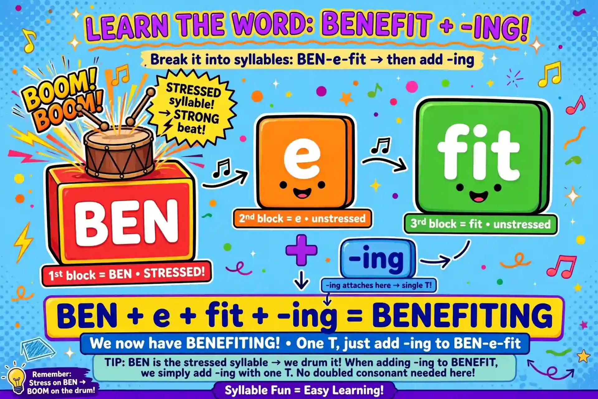 Benefiting keeps a single T because stress is on BEN