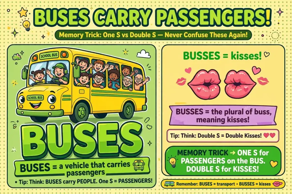 Memory trick: buses carry passengers, busses mean kisses