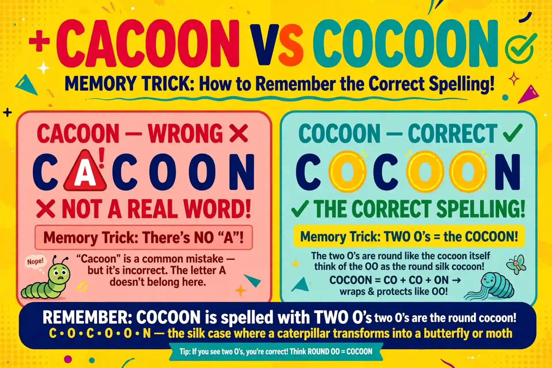 Memory trick for spelling cocoon with two O's