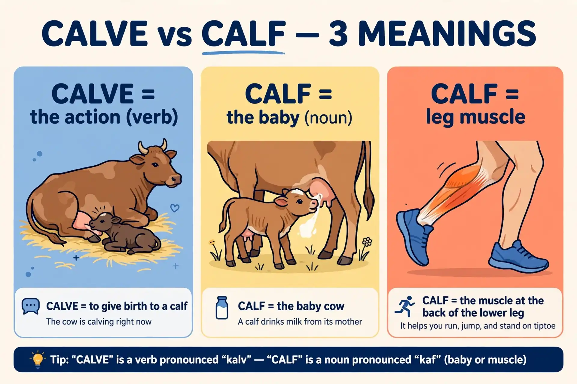A cow calving contrasted with a newborn calf and a calf muscle