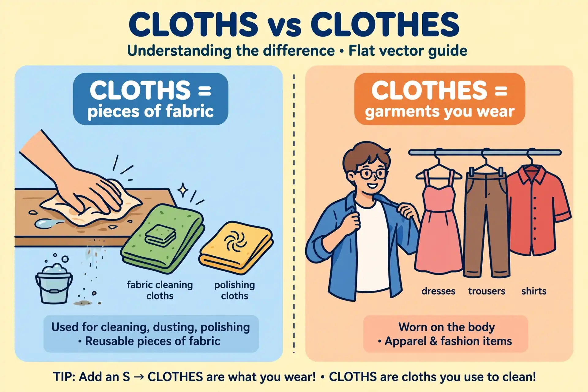 Cloths vs clothes: fabric pieces for cleaning contrasted with garments people wear