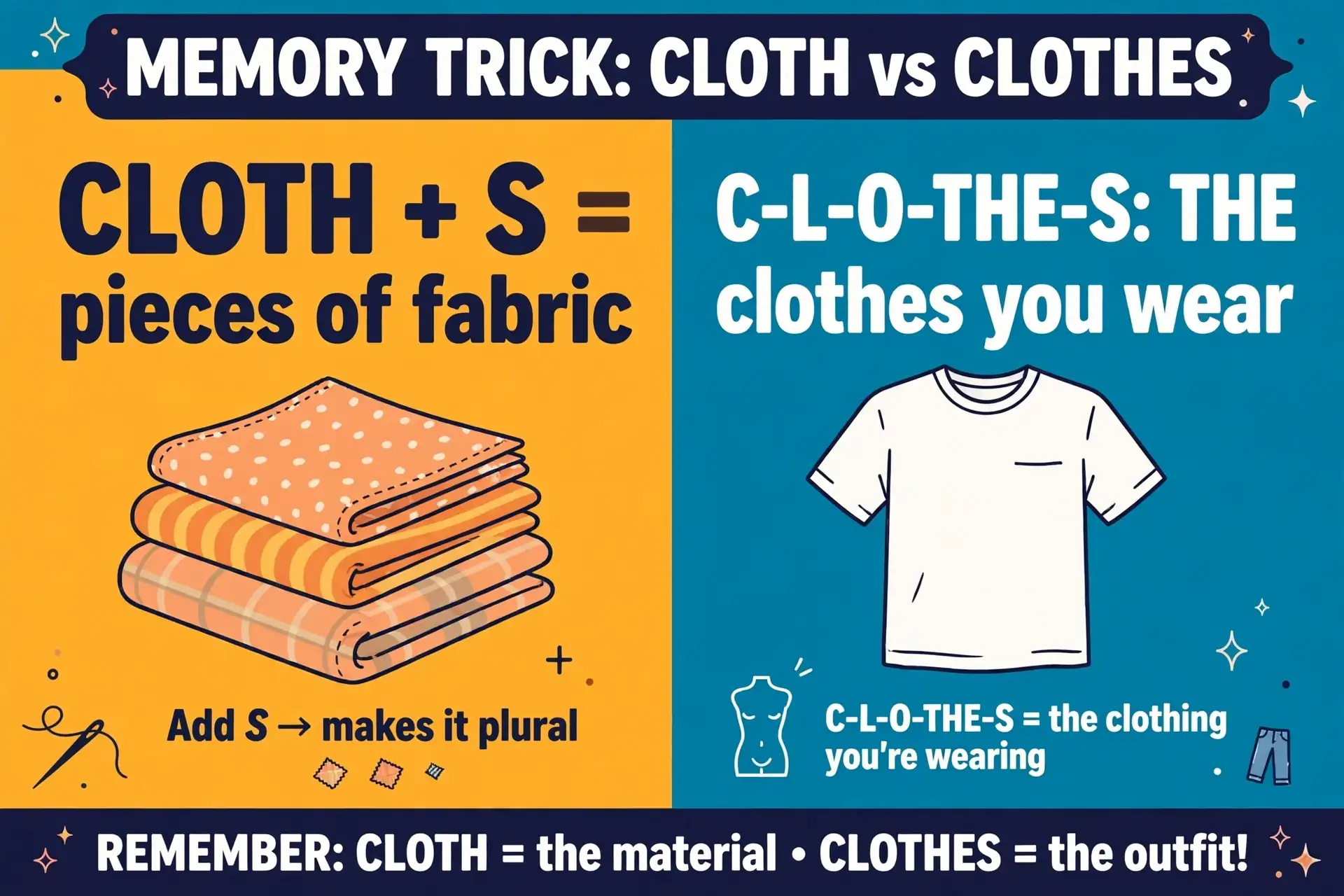 Memory trick graphic: cloths are pieces of fabric, clothes are what you wear