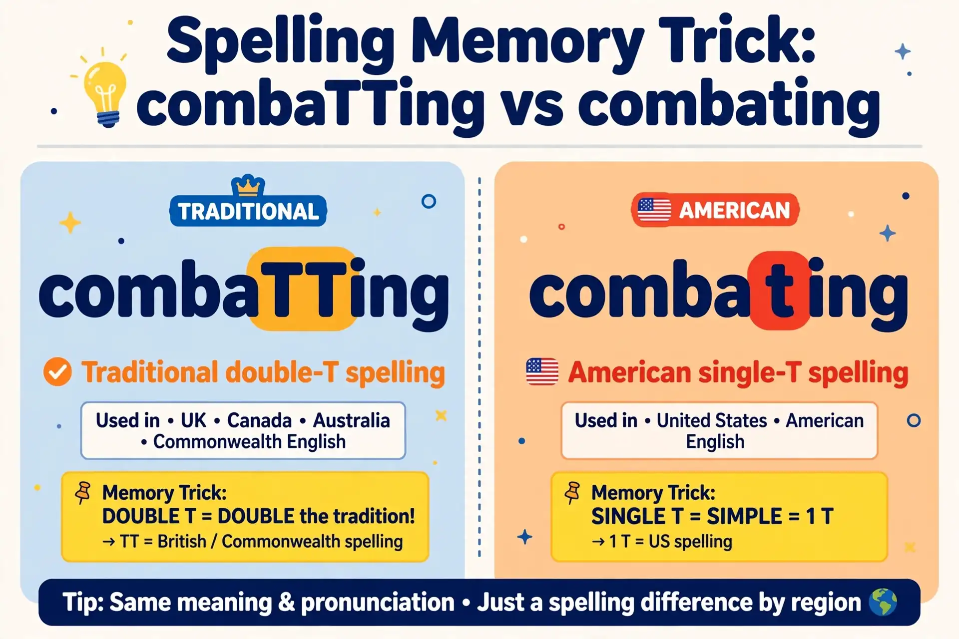 memory trick: double T in combaTTing stands for Traditional spelling