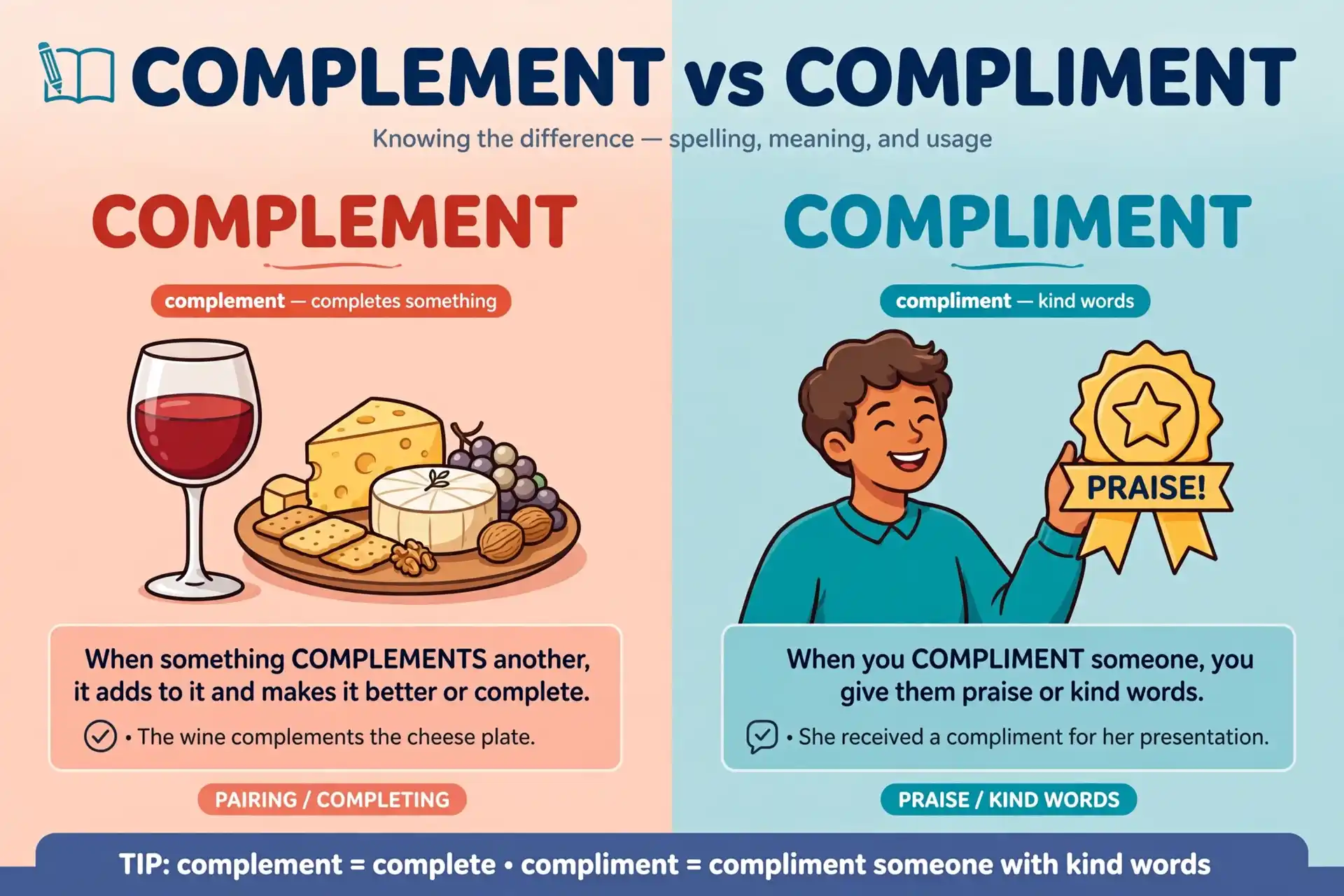 Complement completes like wine and cheese, compliment praises like kind words
