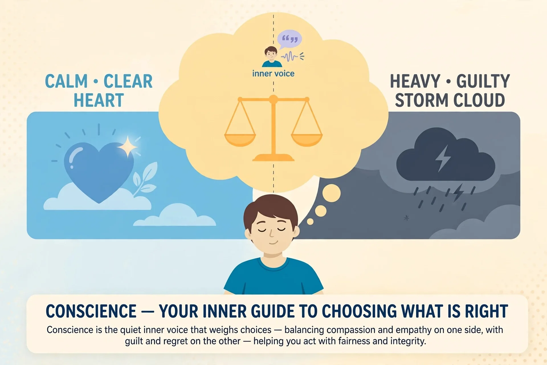 Illustration of conscience as the inner voice of right and wrong