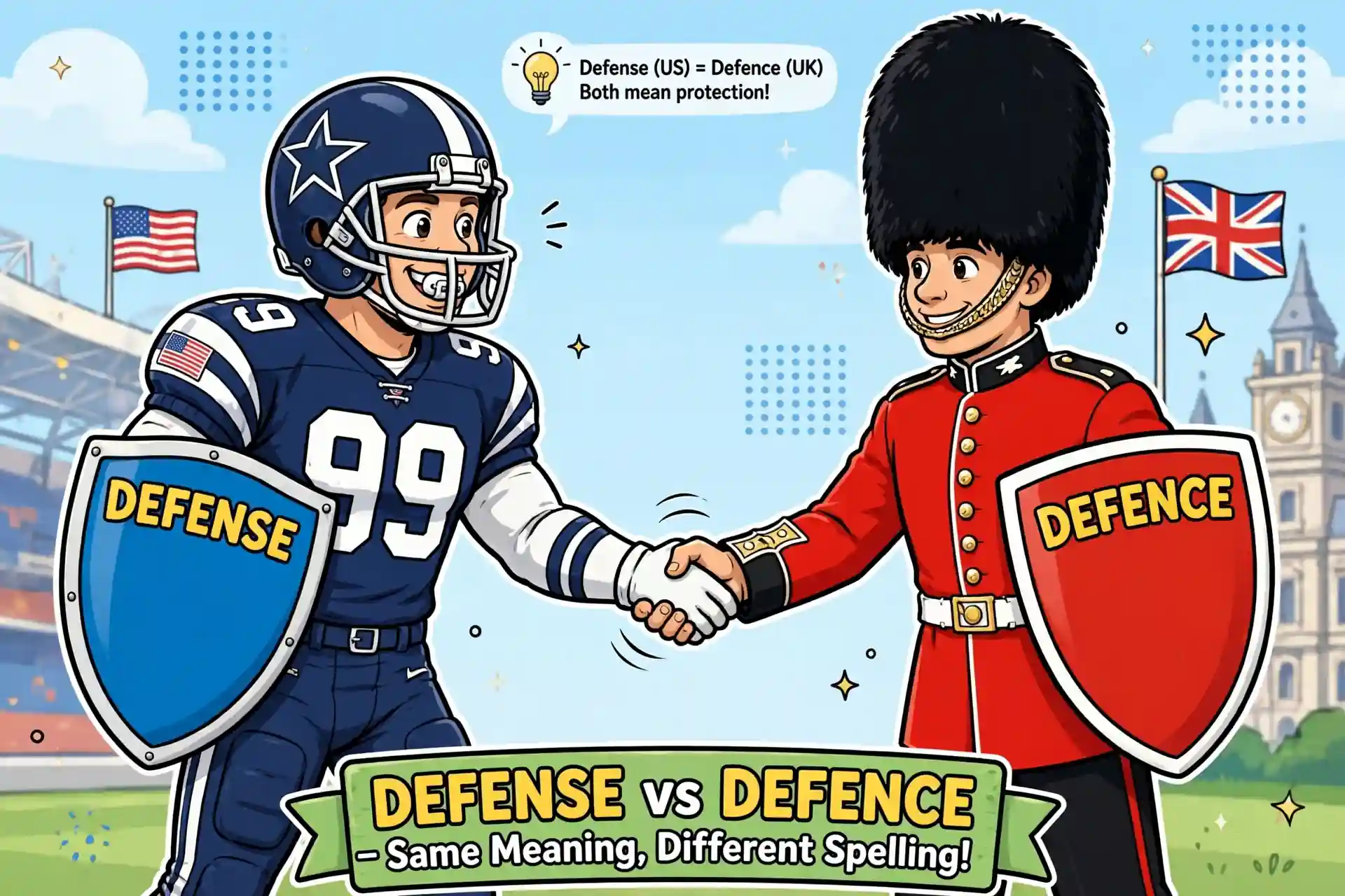 Defense is American spelling, defence is British spelling