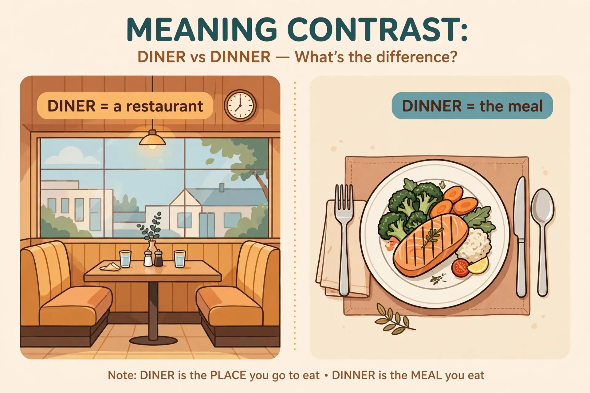 Diner vs dinner illustrated — a retro diner restaurant next to a dinner plate with an evening meal