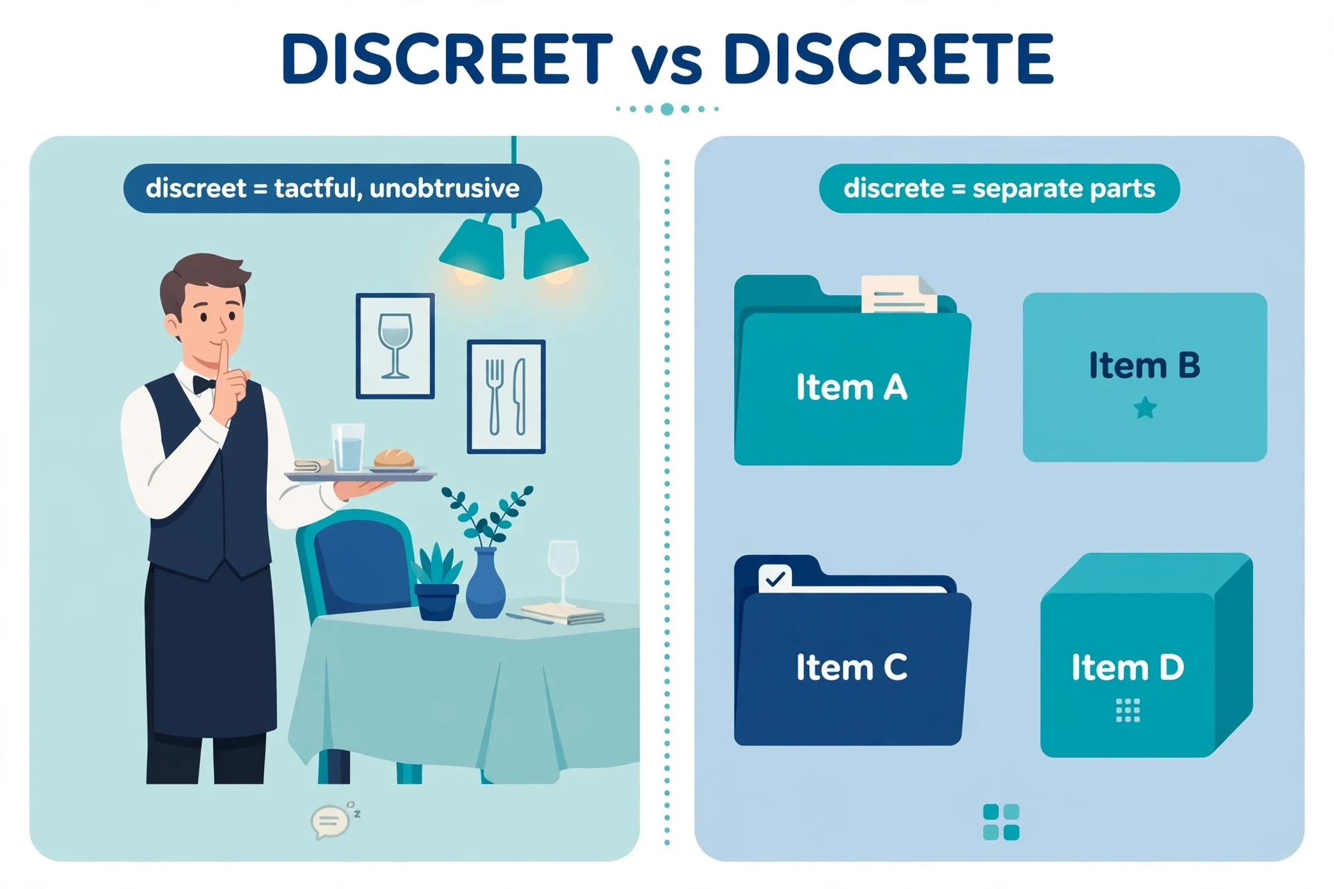 Discreet tactful behavior vs discrete separate parts illustrated with examples