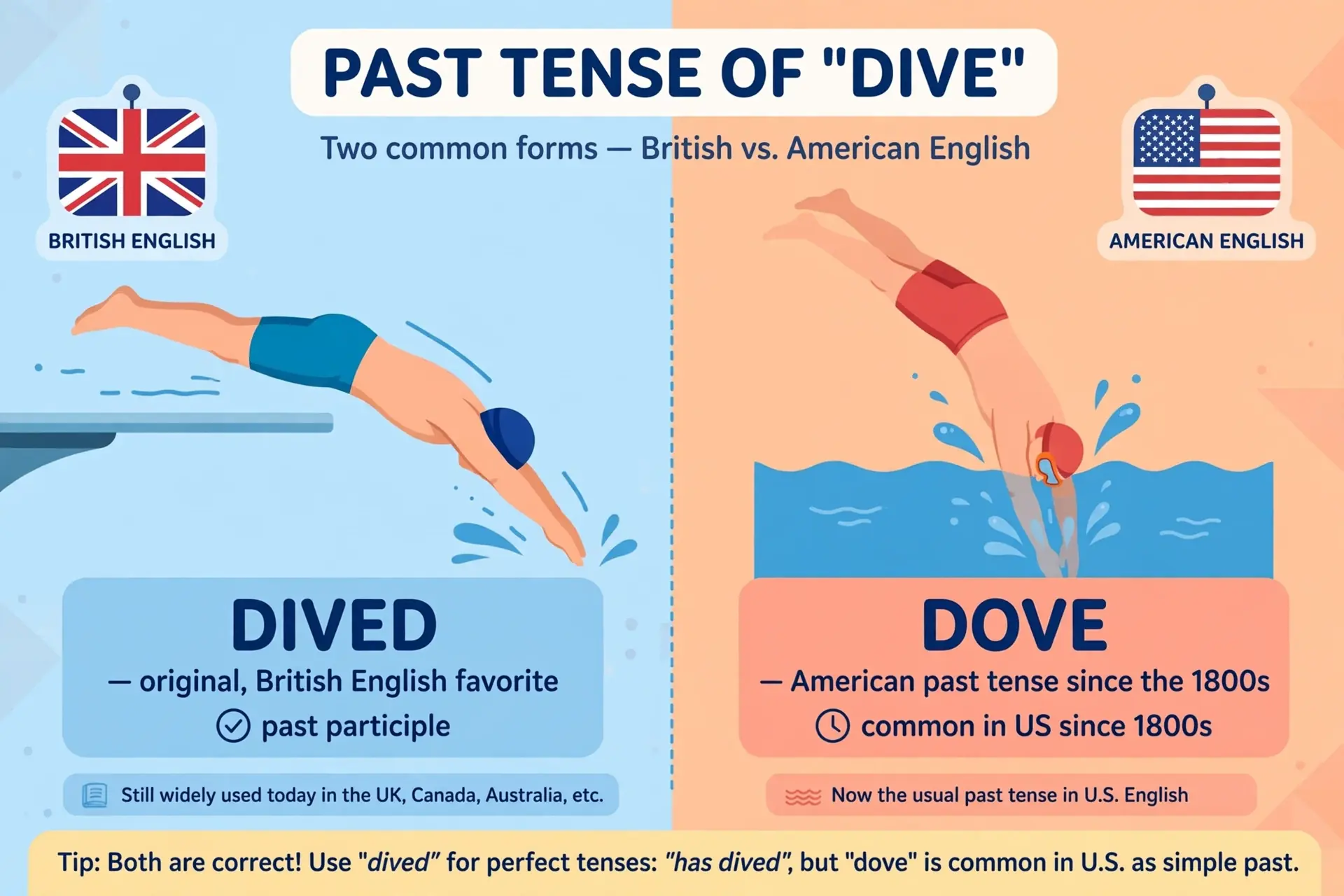 Dived vs dove: a swimmer diving off a board, with US and UK usage labeled