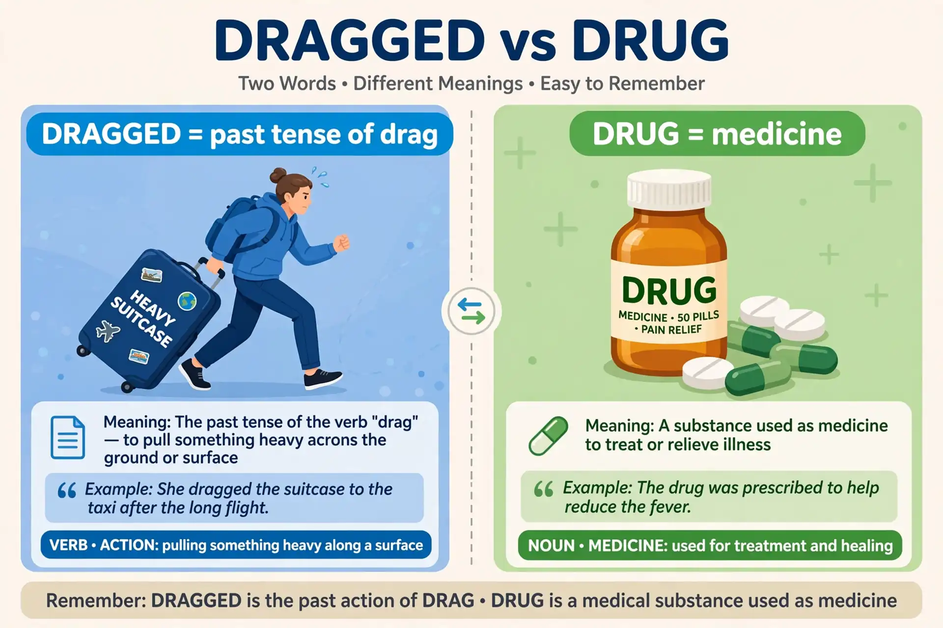 dragged means pulled in the past, drug means medicine — two different words