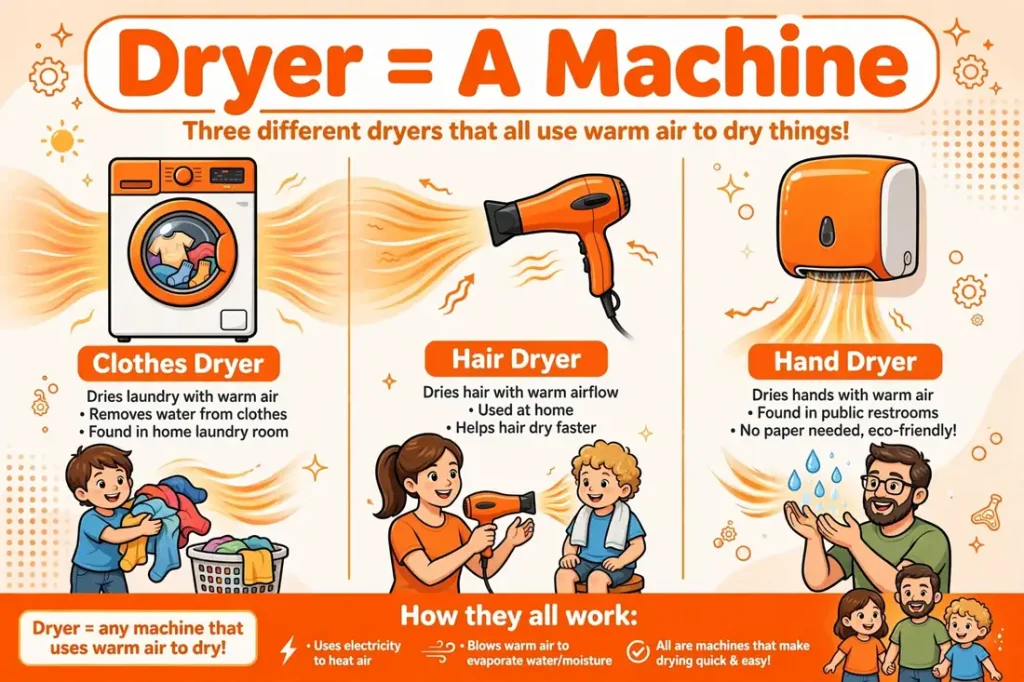 Dryer appliances: clothes dryer, hair dryer, hand dryer