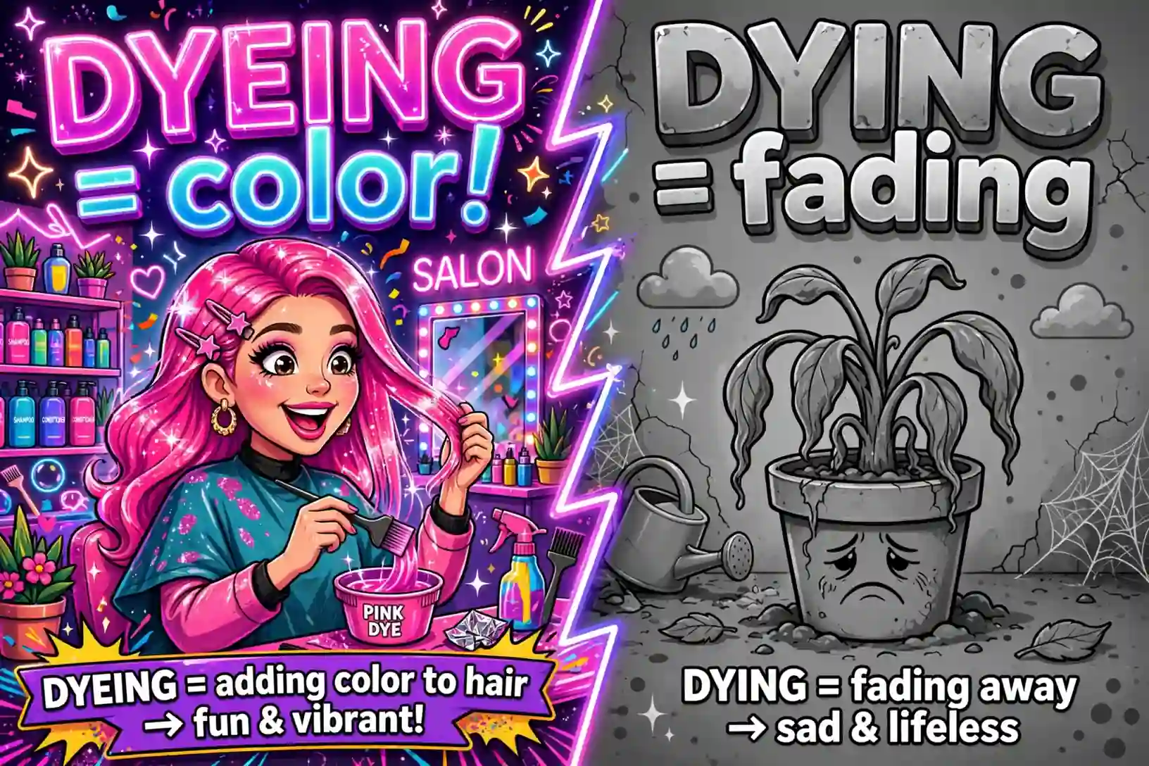 Dyeing means coloring, dying relates to the verb die