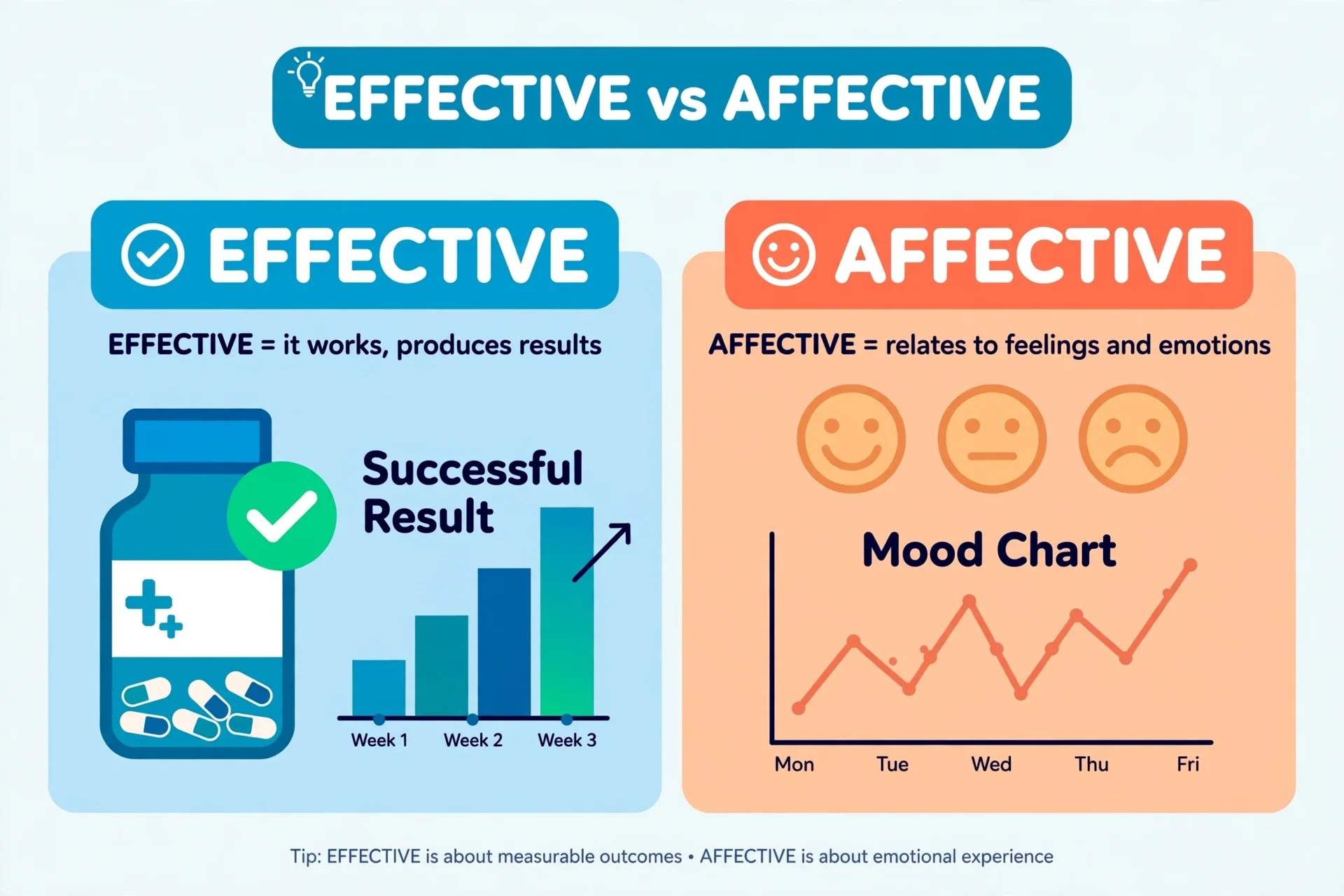 Effective vs affective: a working solution producing results contrasted with emotions and feelings
