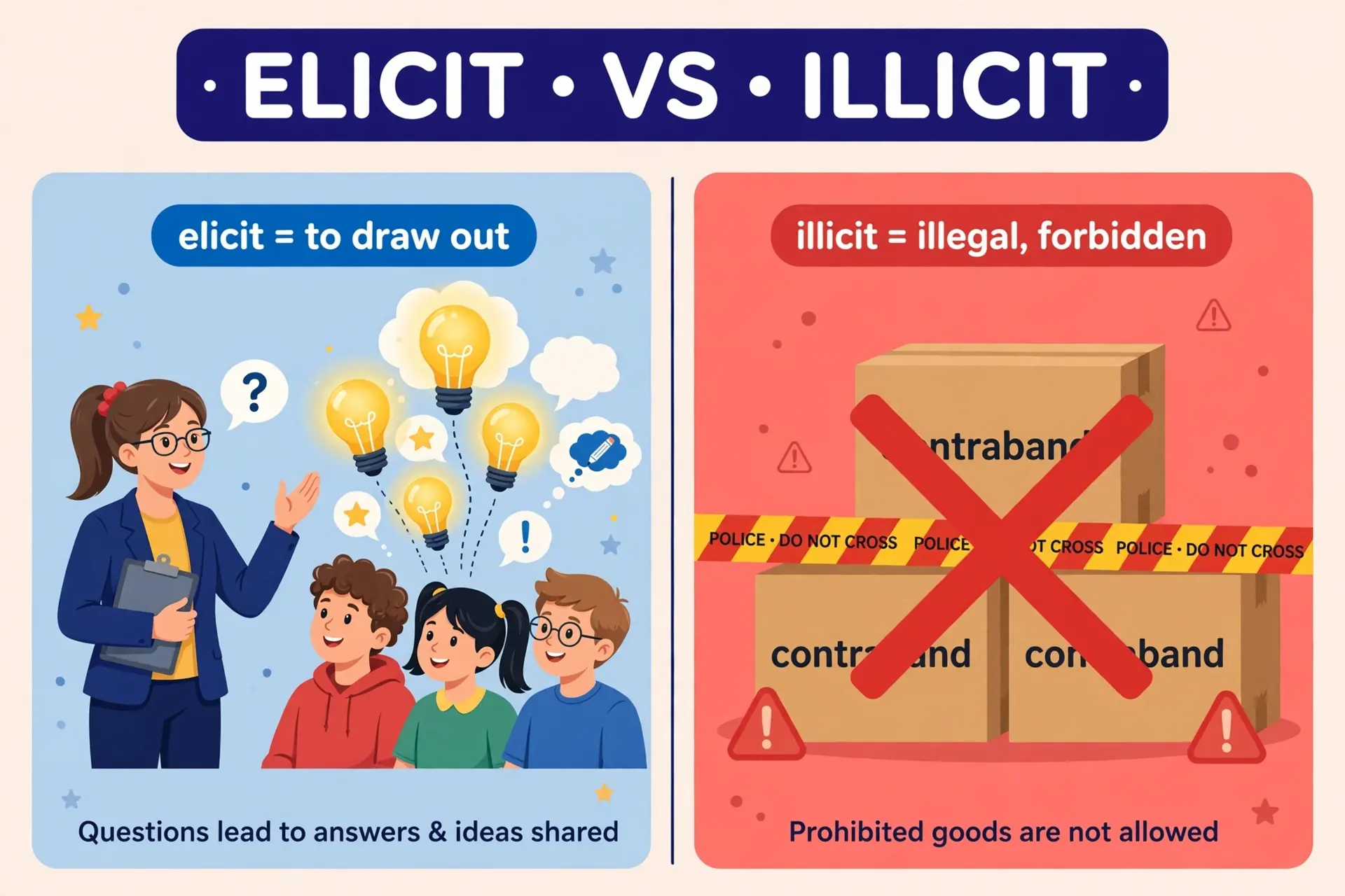 Elicit drawing out a response vs illicit illegal forbidden behavior illustrated with examples