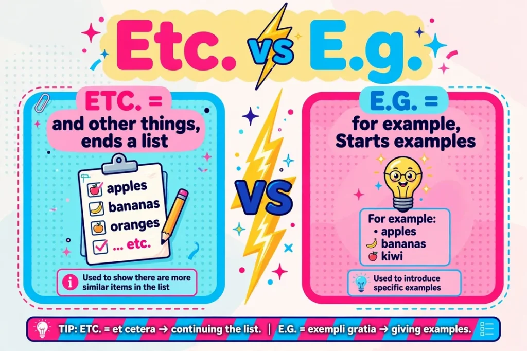 Difference between etc. and e.g. abbreviations