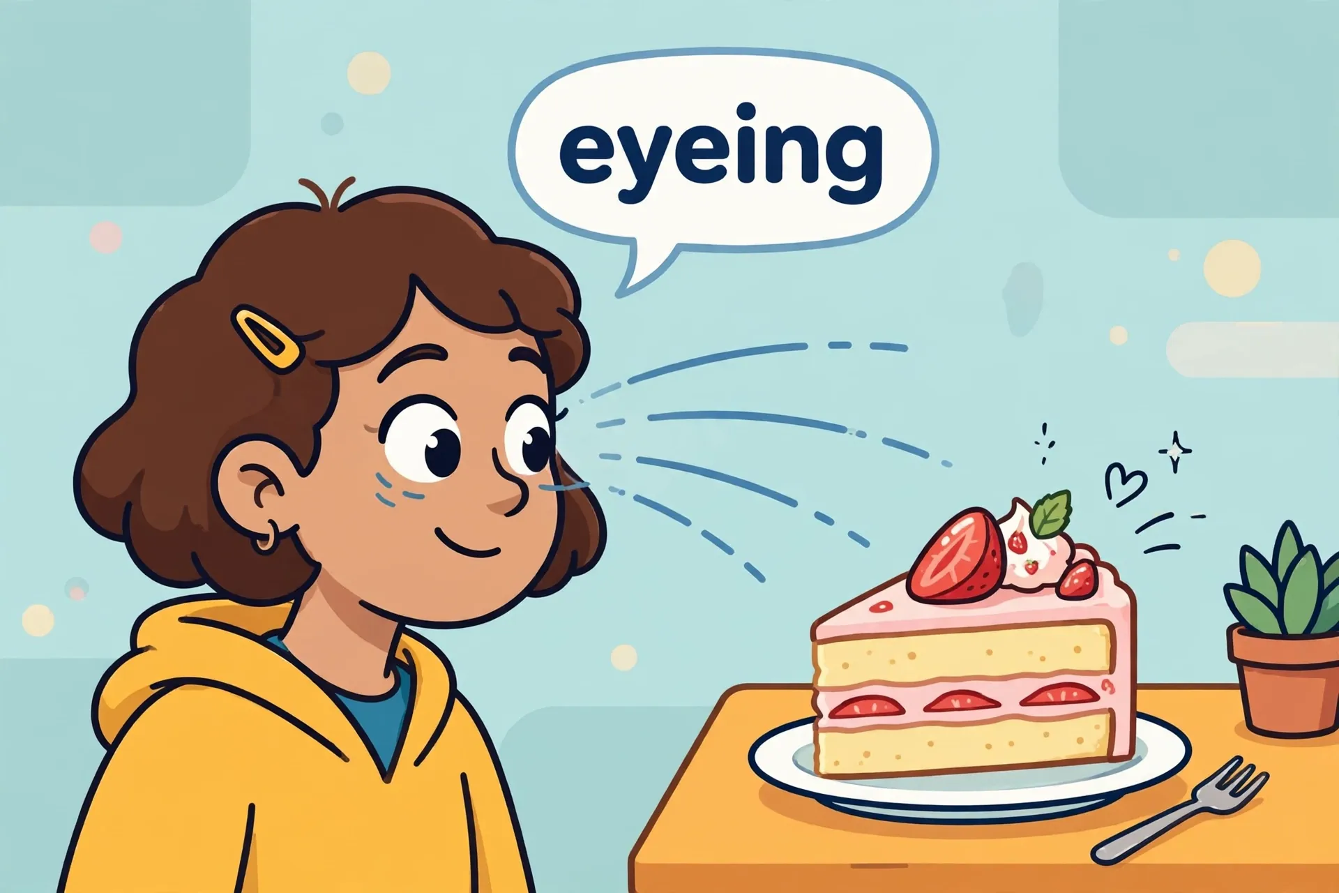 Eyeing meaning illustration — person gazing with interest at a slice of cake