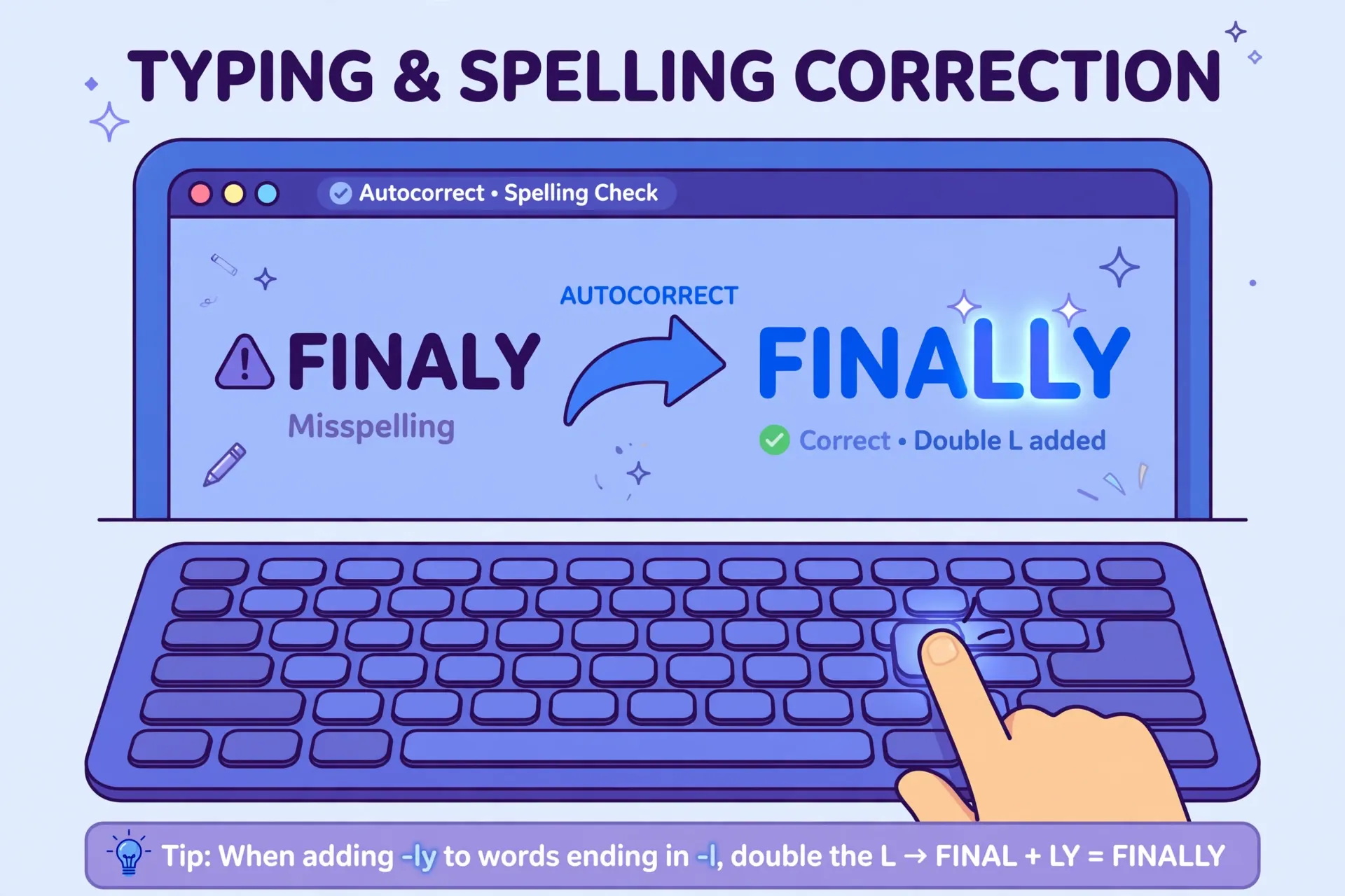 Finaly vs finally illustrated — a hand crossing out the misspelling finaly and writing finally with two Ls