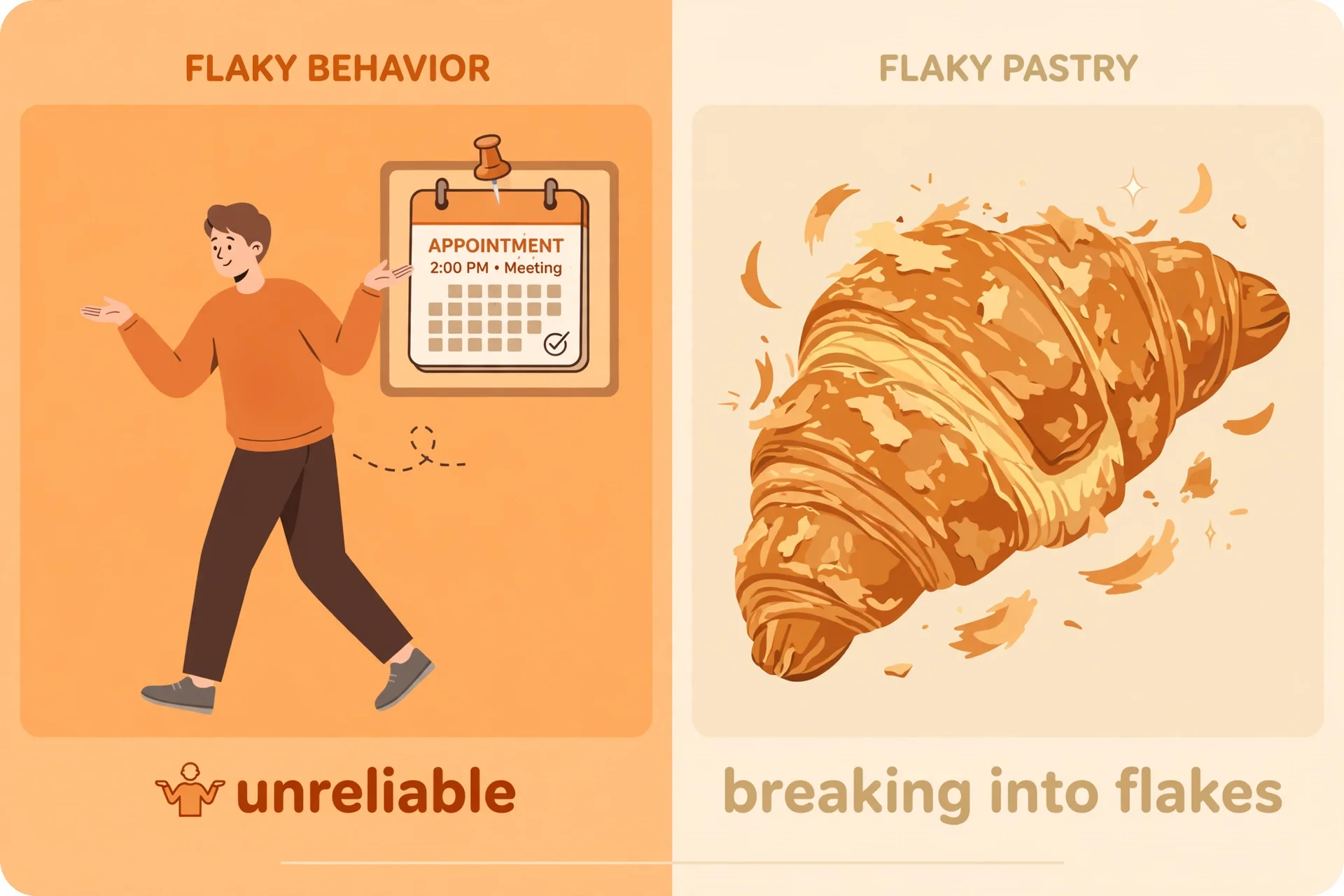 Flaky meaning illustration: unreliable person vs flaky pastry