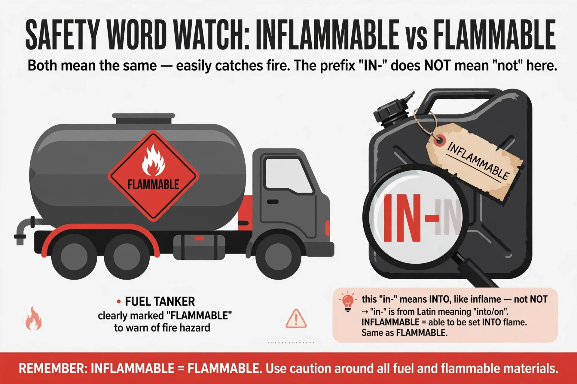 Flammable and inflammable both mean combustible; the in- in inflammable means into, like inflame