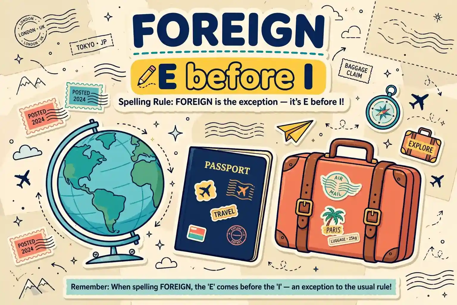 Foreign spelling e before i illustrated with globe
