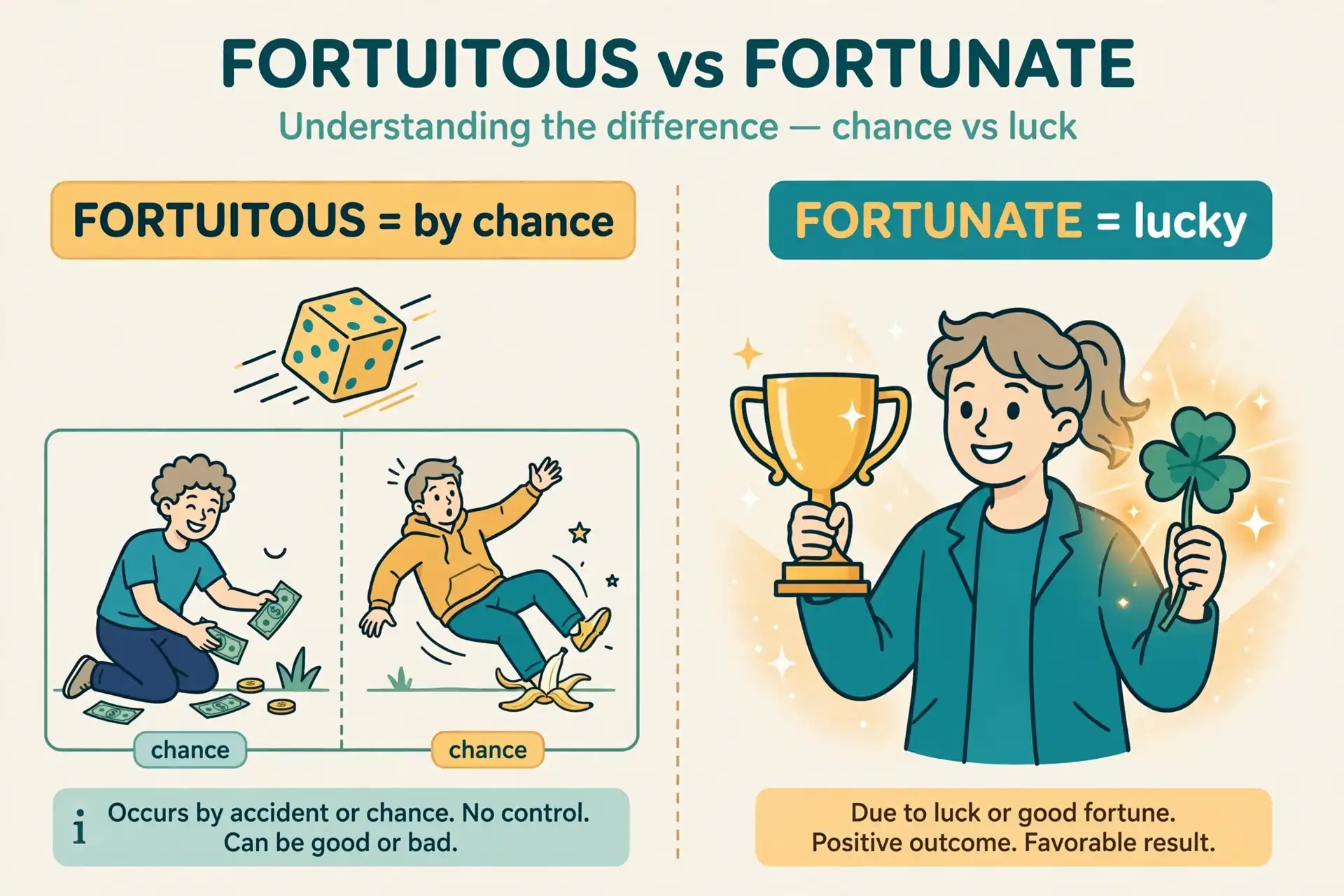 Fortuitous means happening by chance, good or bad; fortunate means lucky and favored