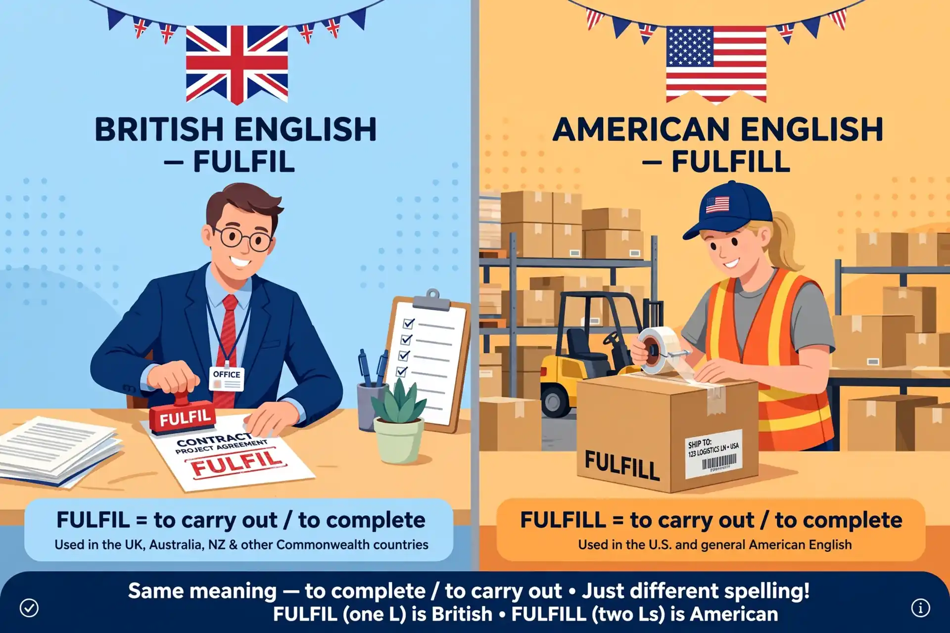 US vs UK spelling illustration: fulfill on the American side, fulfil on the British side