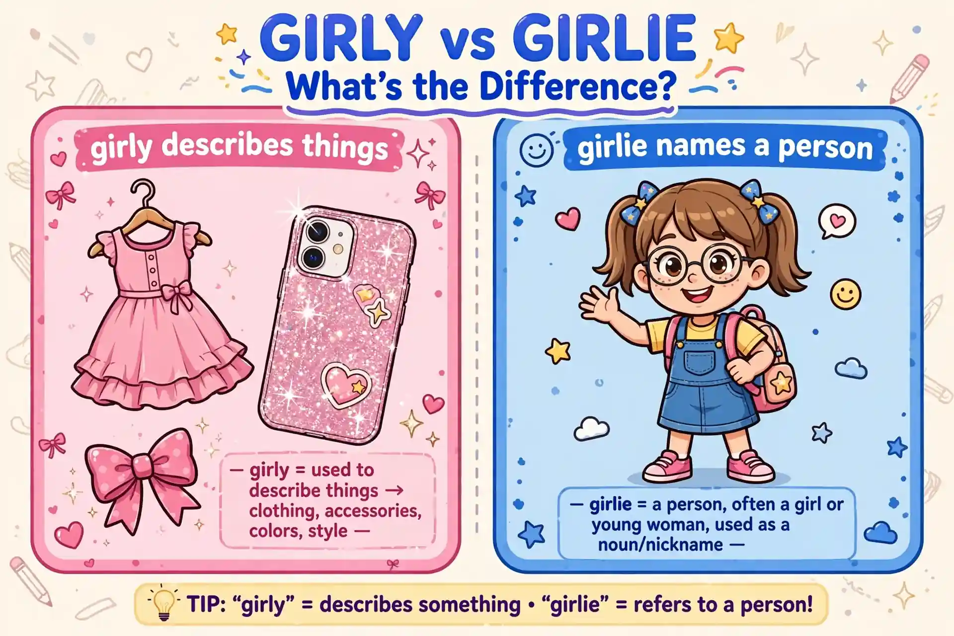 Girly is an adjective for feminine things, girlie is a noun for a young woman
