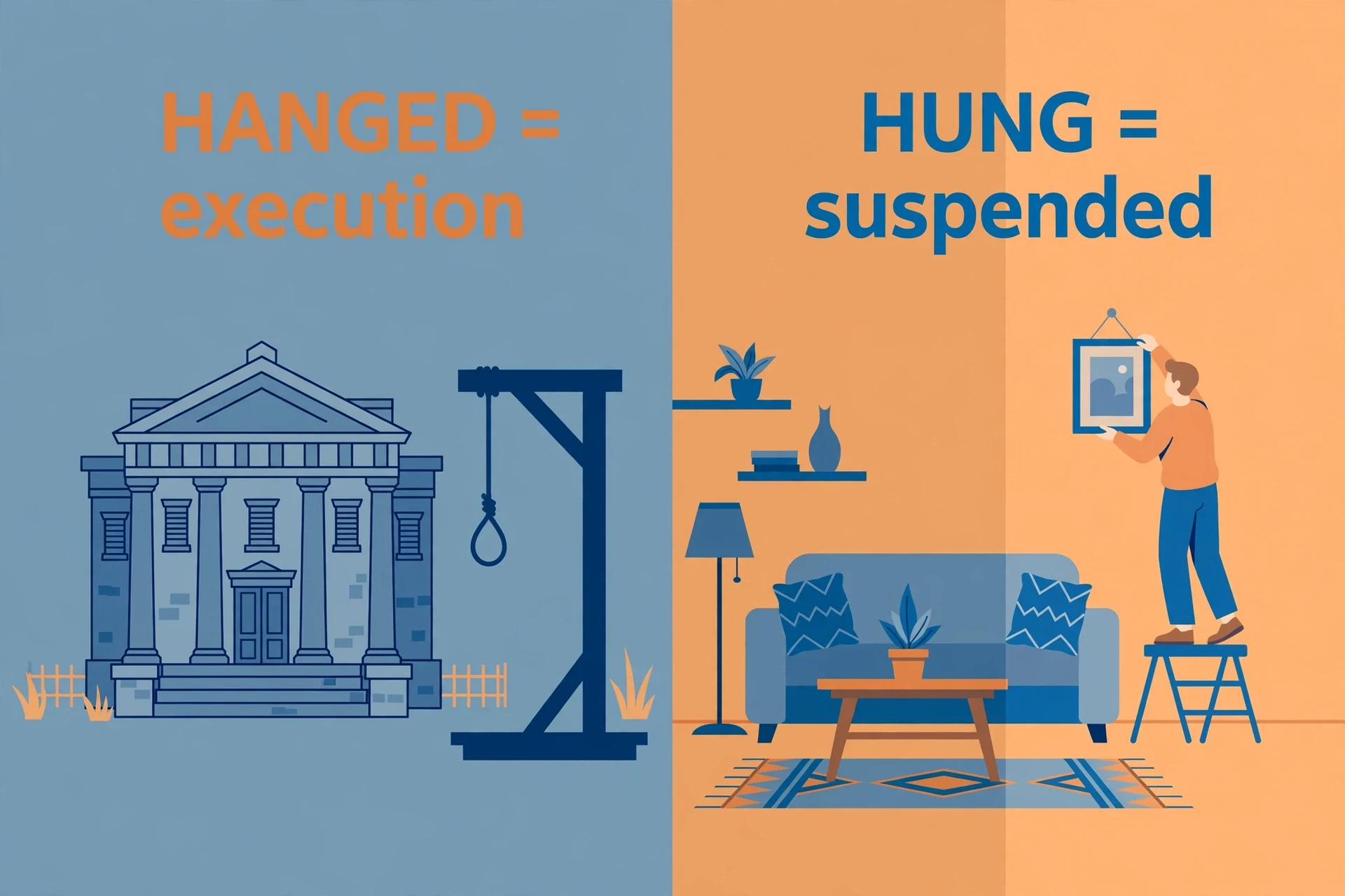 Illustration showing hanged for executions and hung for hanging objects