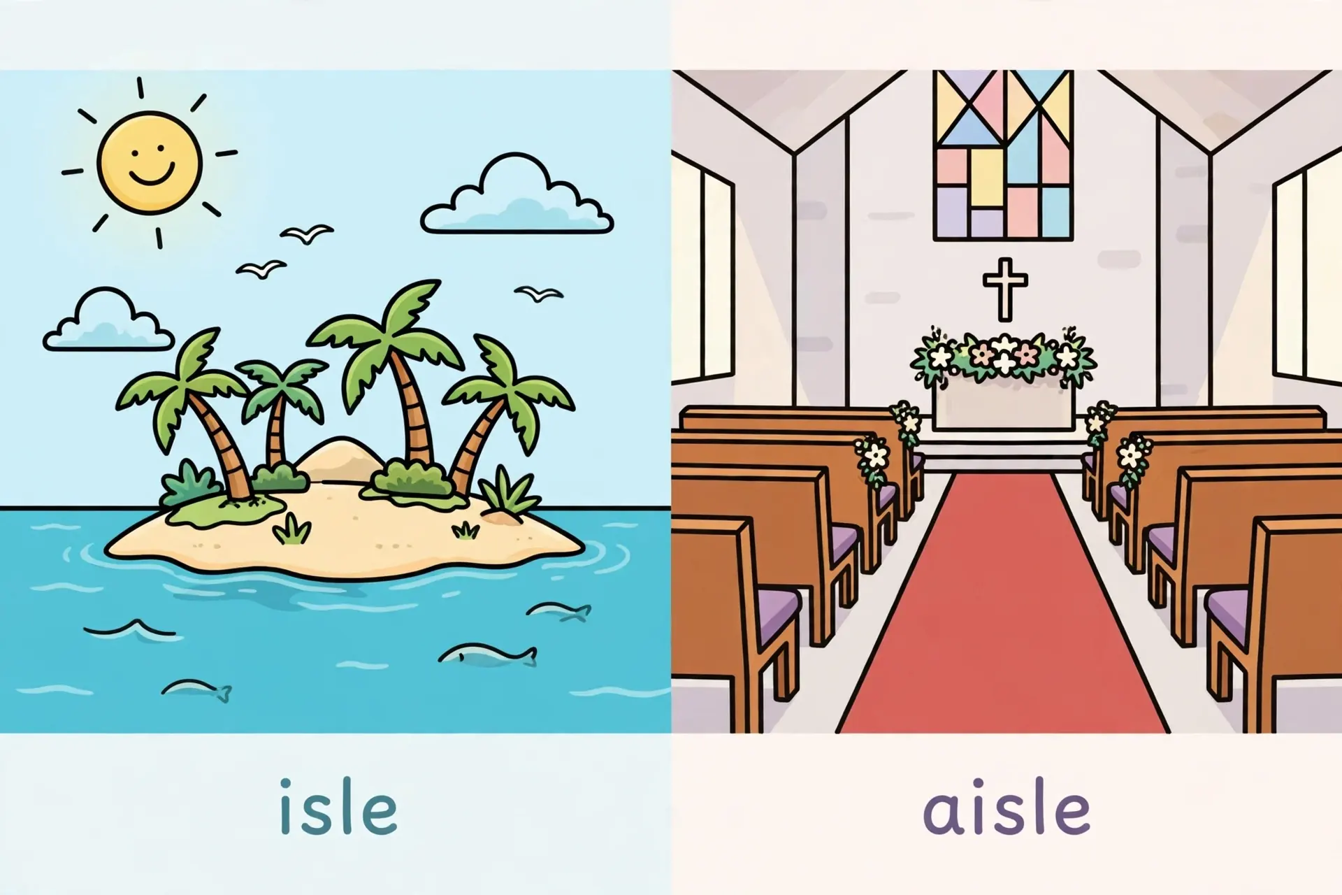 Isle means a small island, aisle means a passage between seats