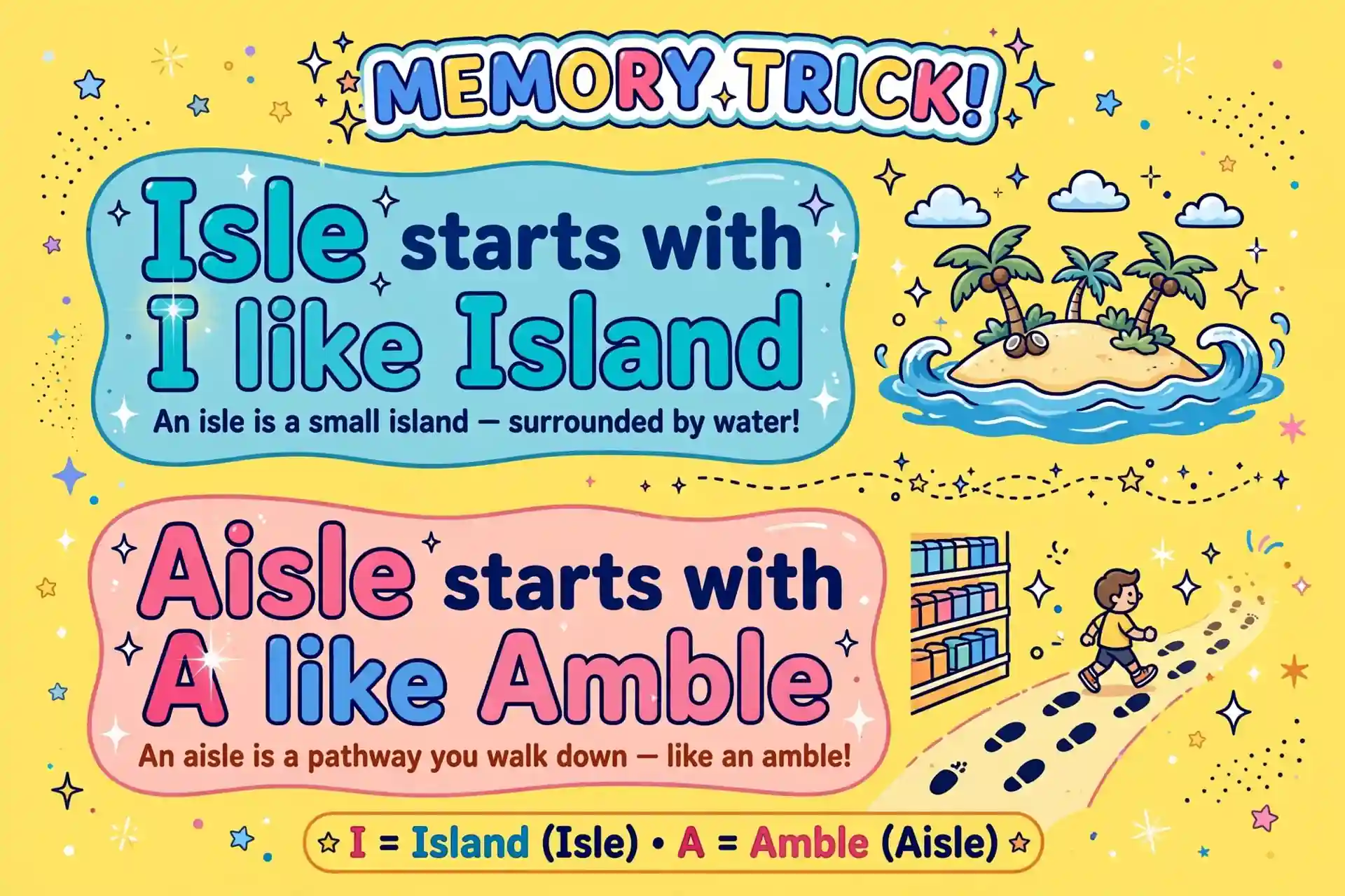 Memory trick: isle starts with I like island, aisle starts with A