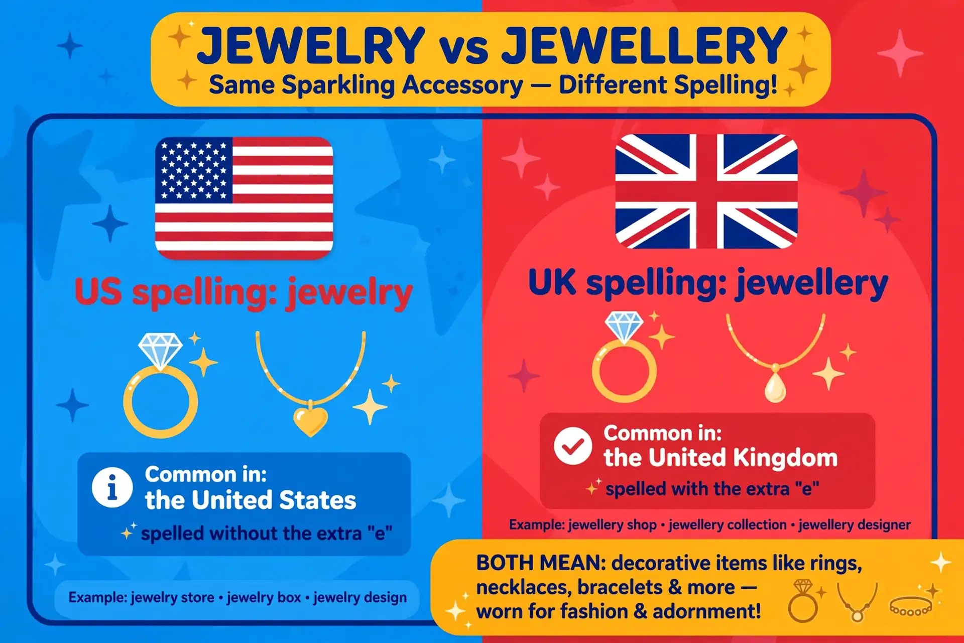 Jewelry vs jewellery meaning comparison illustration