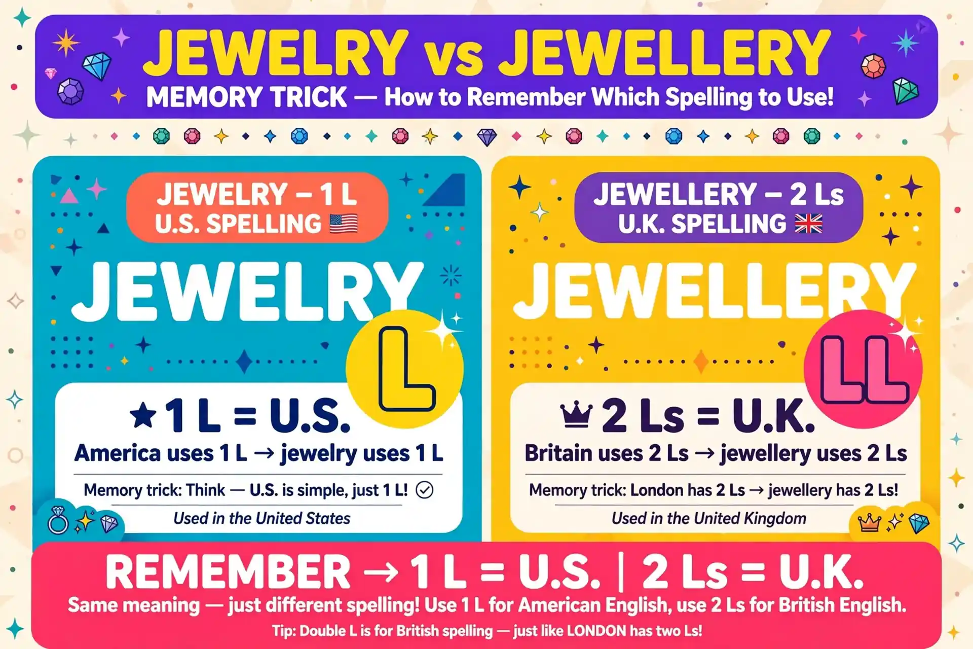Memory trick for jewelry vs jewellery spelling
