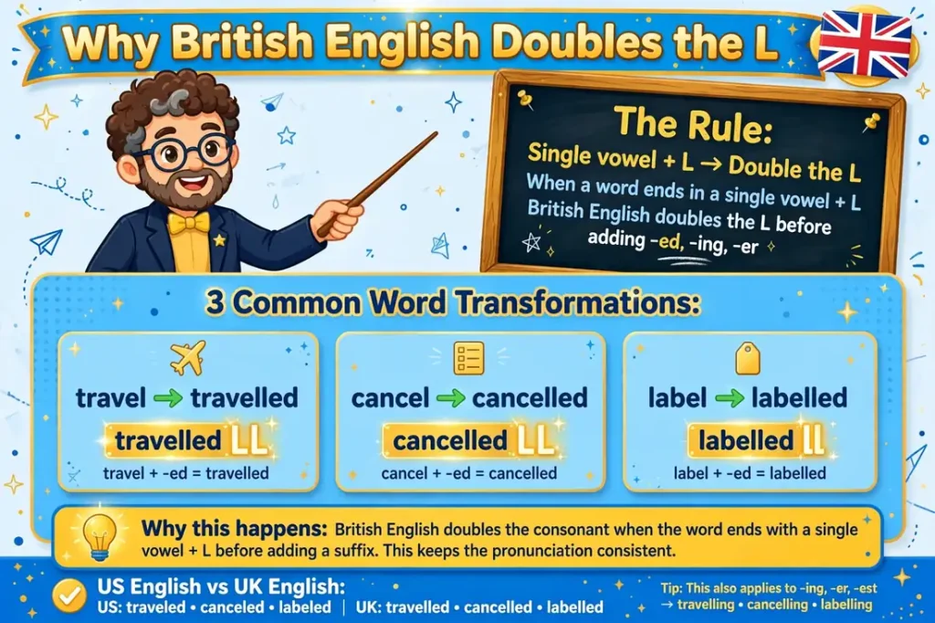 British English double L spelling: travel to travelled, label to labelled