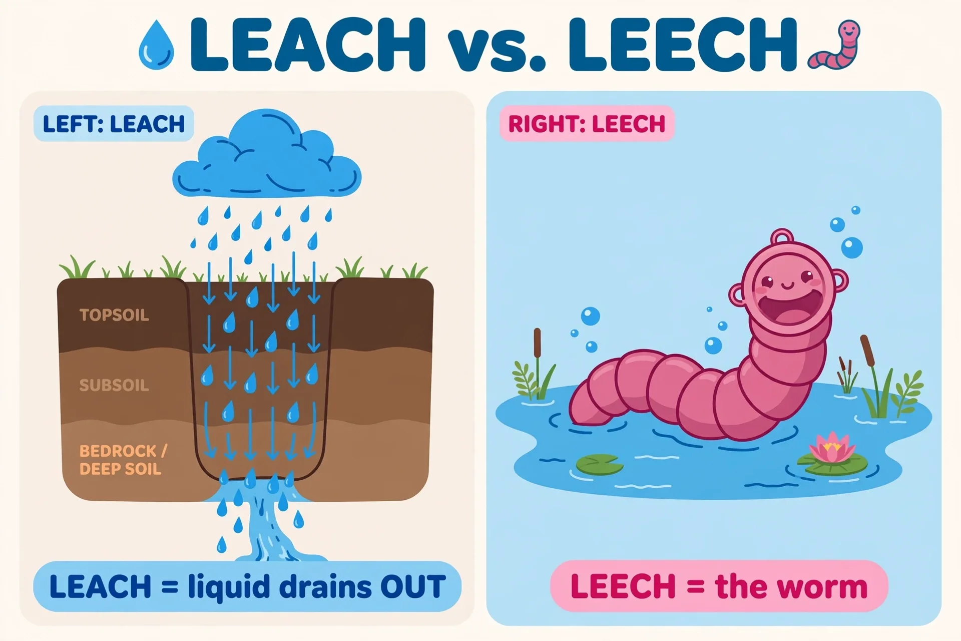 Educational illustration contrasting leach (liquid draining from soil) with leech (bloodsucking worm)
