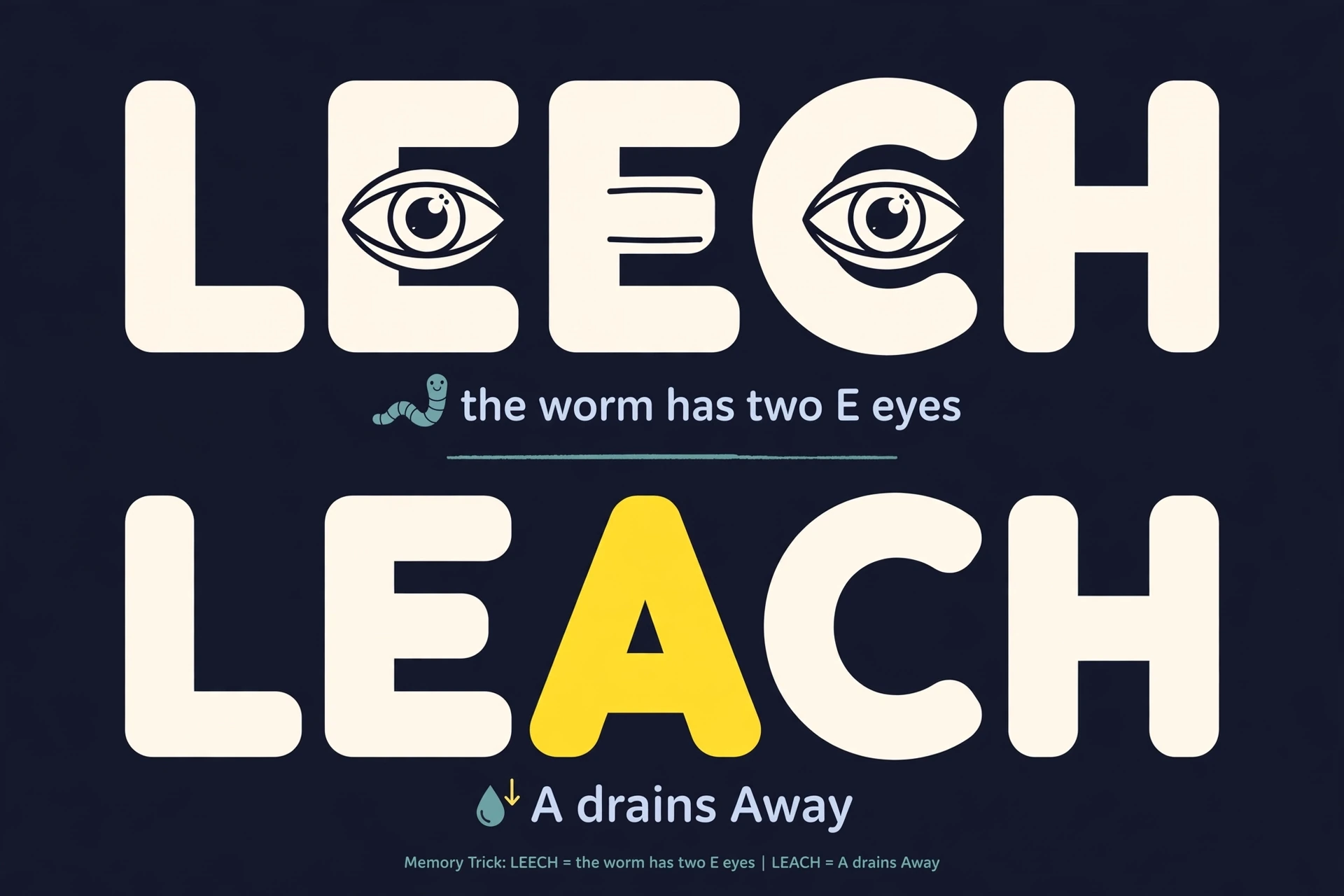 Memory trick graphic: a leech has two E's like two eyes; leach with an A drains away