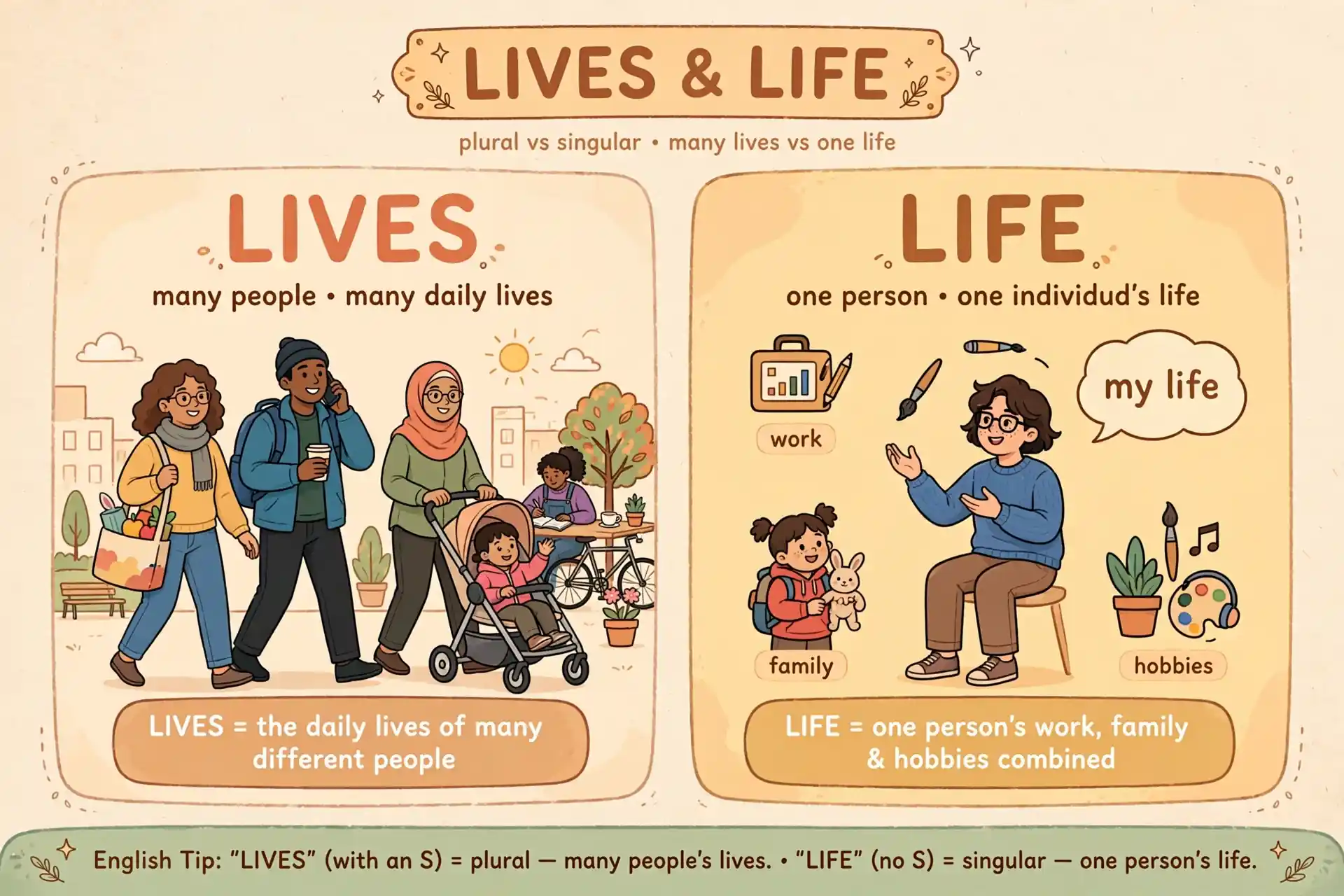 Lifes vs lives meaning contrast illustration