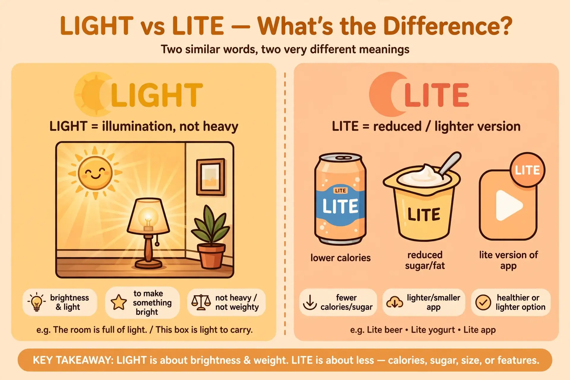 Lite vs light meaning contrast illustration