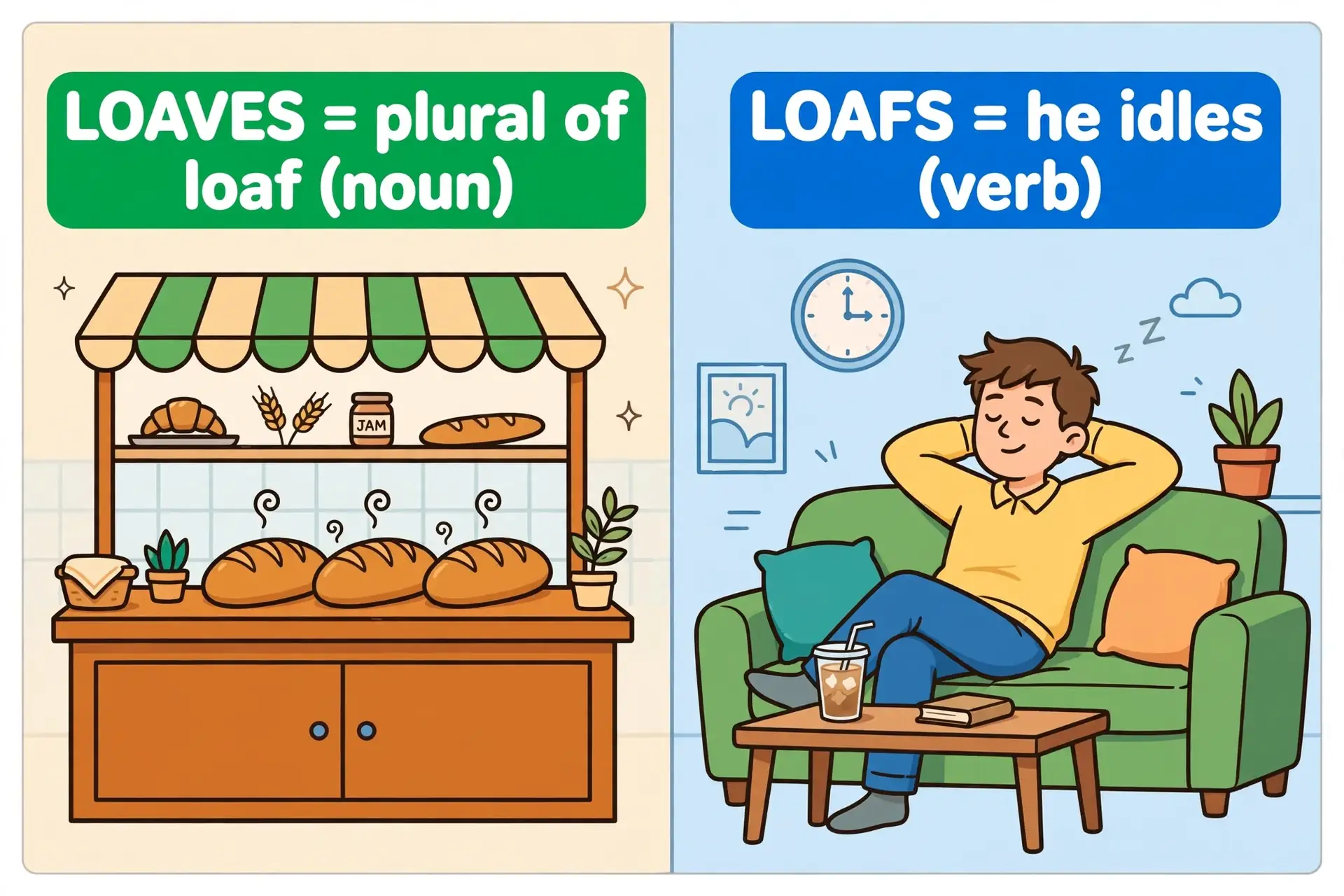 Educational illustration showing one loaf of bread versus many loaves, contrasting with the verb loaf