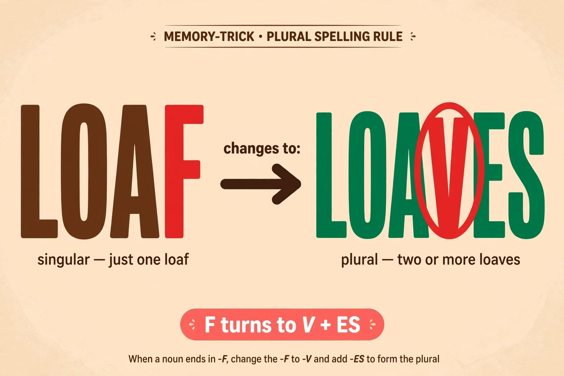 Memory trick graphic: the F turns to V — loaF becomes loaVes