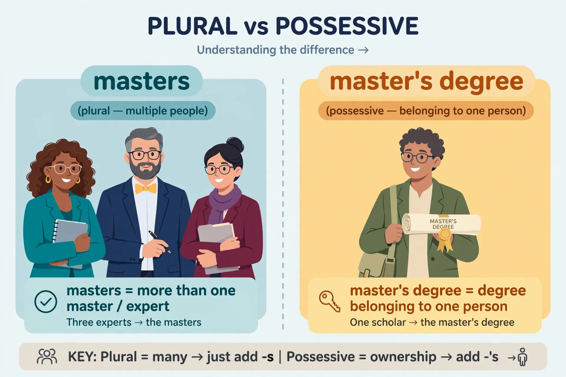 Masters plural vs master's possessive illustrated with examples