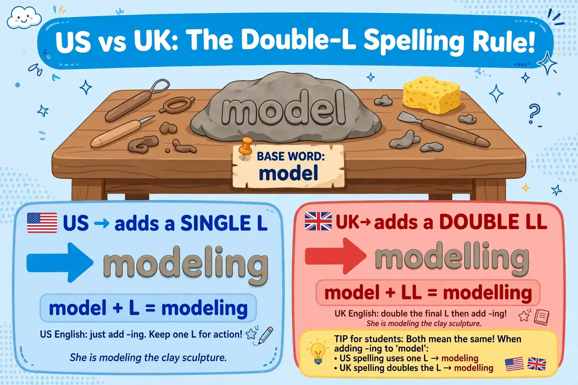 modeling vs modelling examples showing fashion runway, 3D design, and clay sculpture
