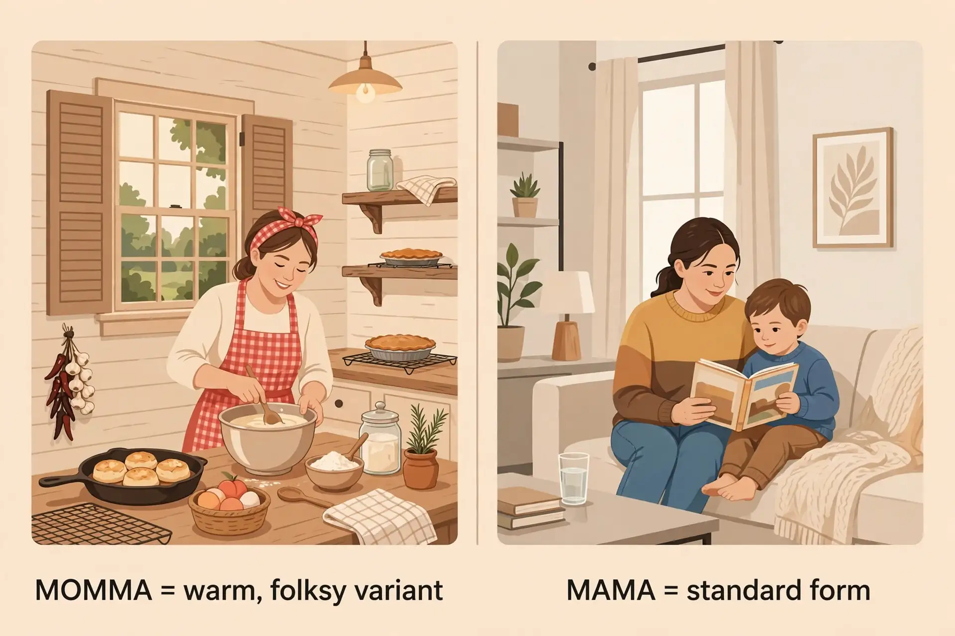 Illustration showing mama as the standard spelling and momma as the warm regional variant