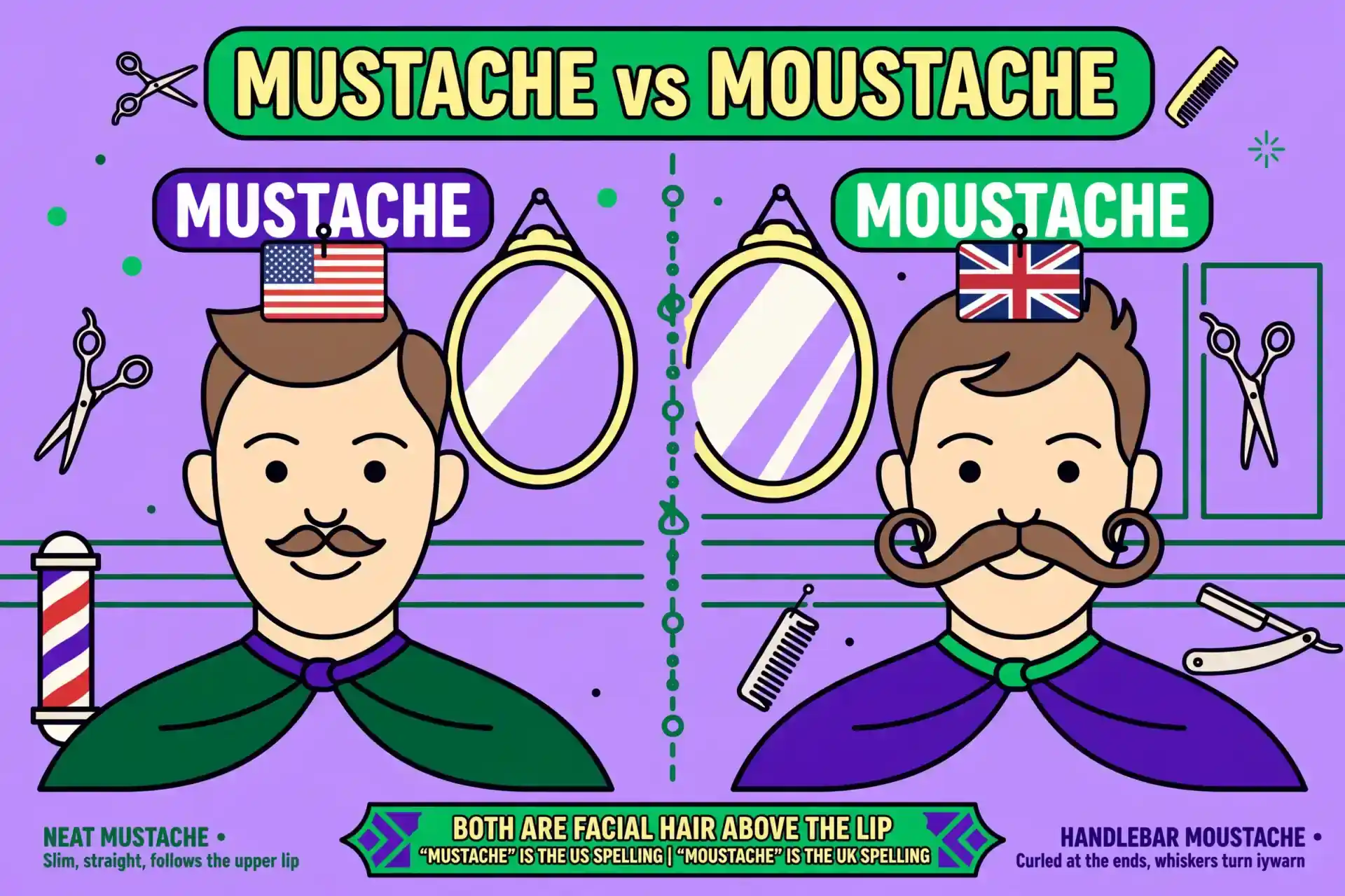 mustache vs moustache barbershop illustration with US and UK flag tags