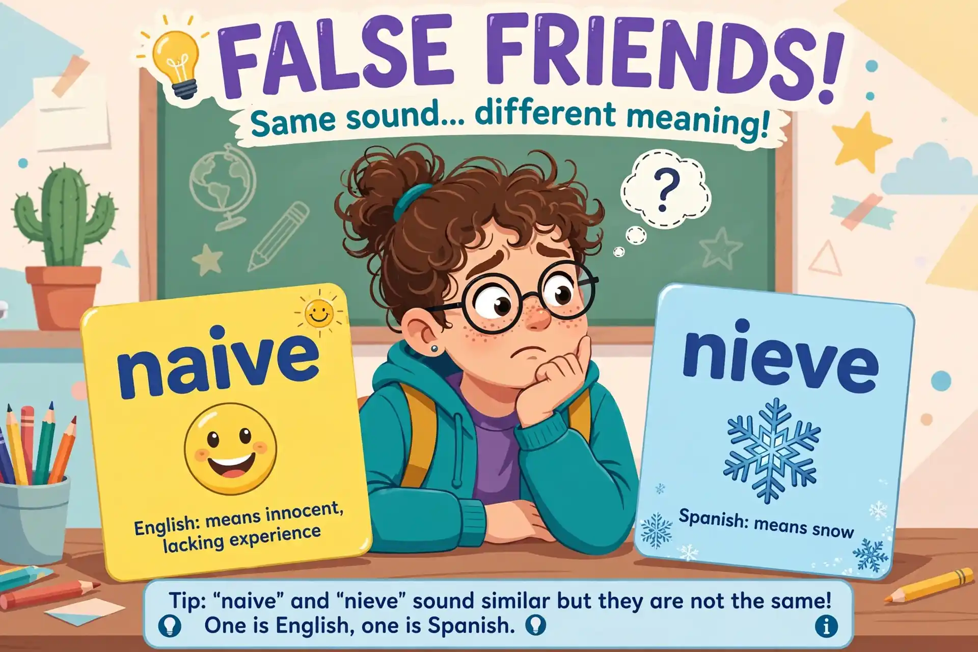 educational illustration showing the meaning of naive versus the misspelling nieve