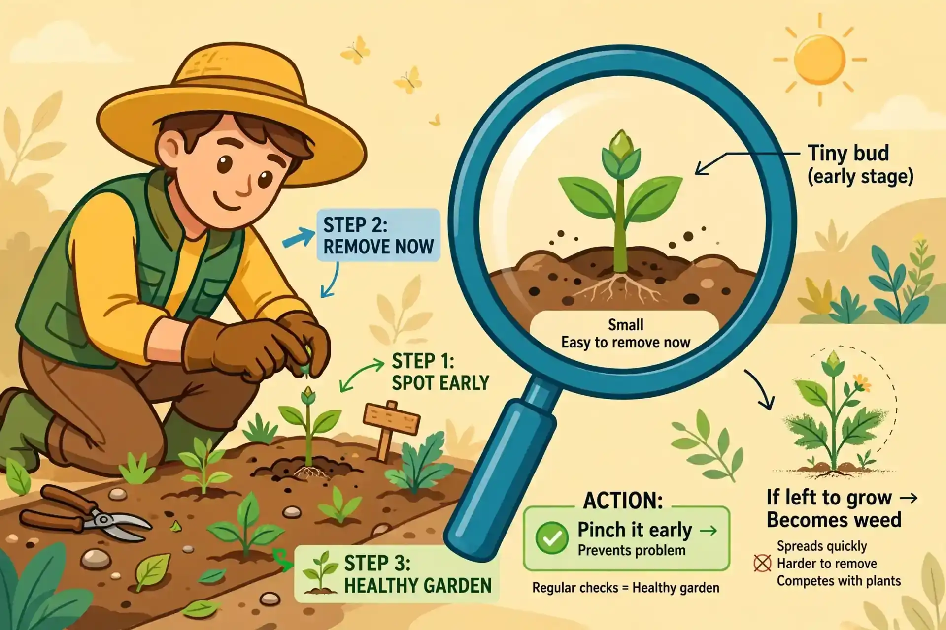 Gardener pinching a plant bud to stop a problem early — the meaning of nip it in the bud